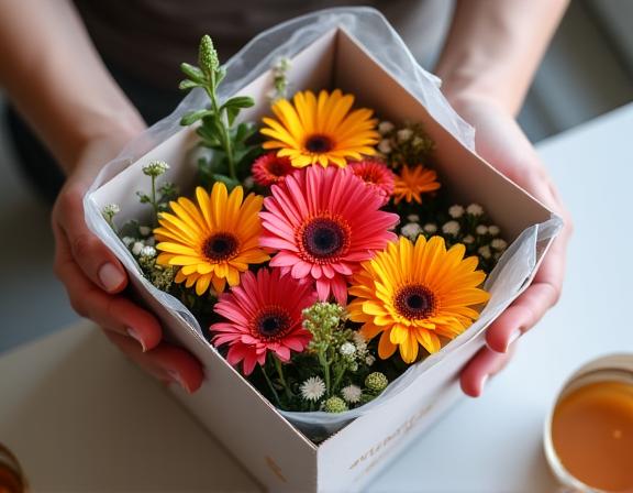 A person unboxing a flower subscription box