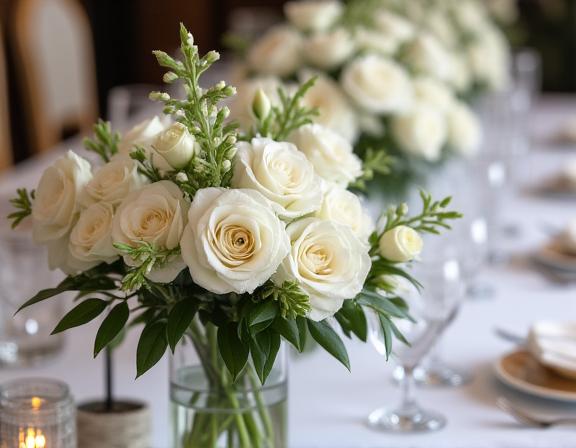 Elegant wedding table decorated with white flowers